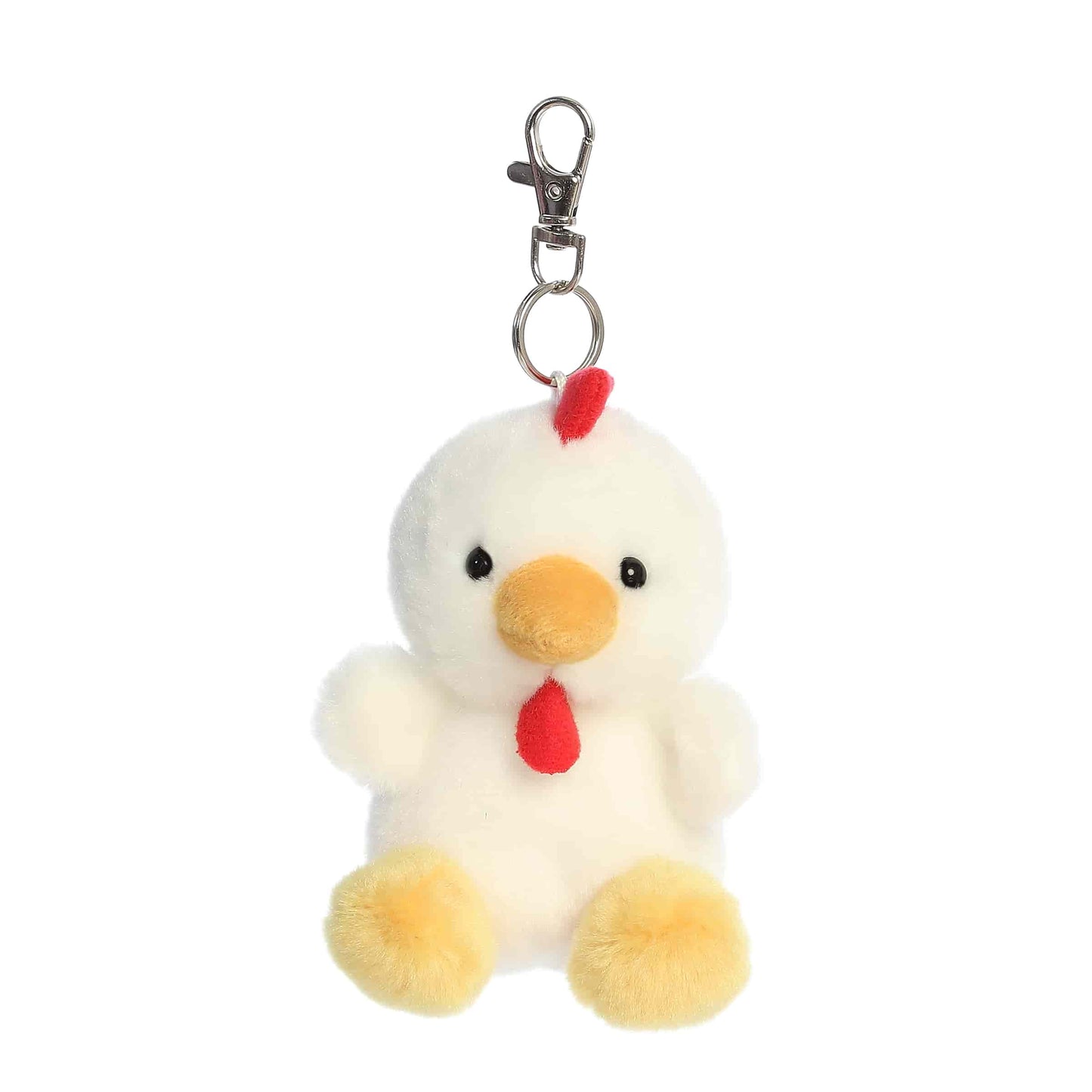 Product view of Palm Pals Cooper Chicken, a 4-inch white plush chicken with a red comb and wattle, featuring a plastic keychain clip.