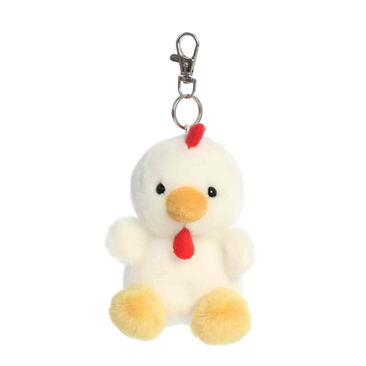 Product view of Palm Pals Cooper Chicken, a 4-inch white plush chicken with a red comb and wattle, featuring a plastic keychain clip.