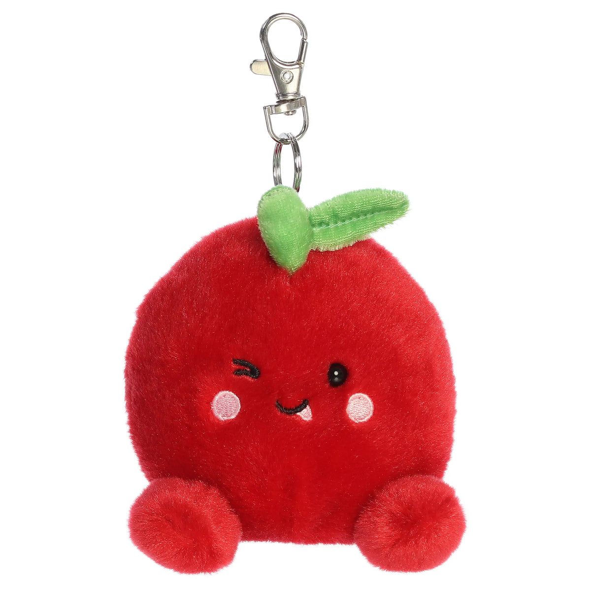 Palm Pals Cordial Cherry clip-on keychain plush toy with a green leaf stem and metal clip.