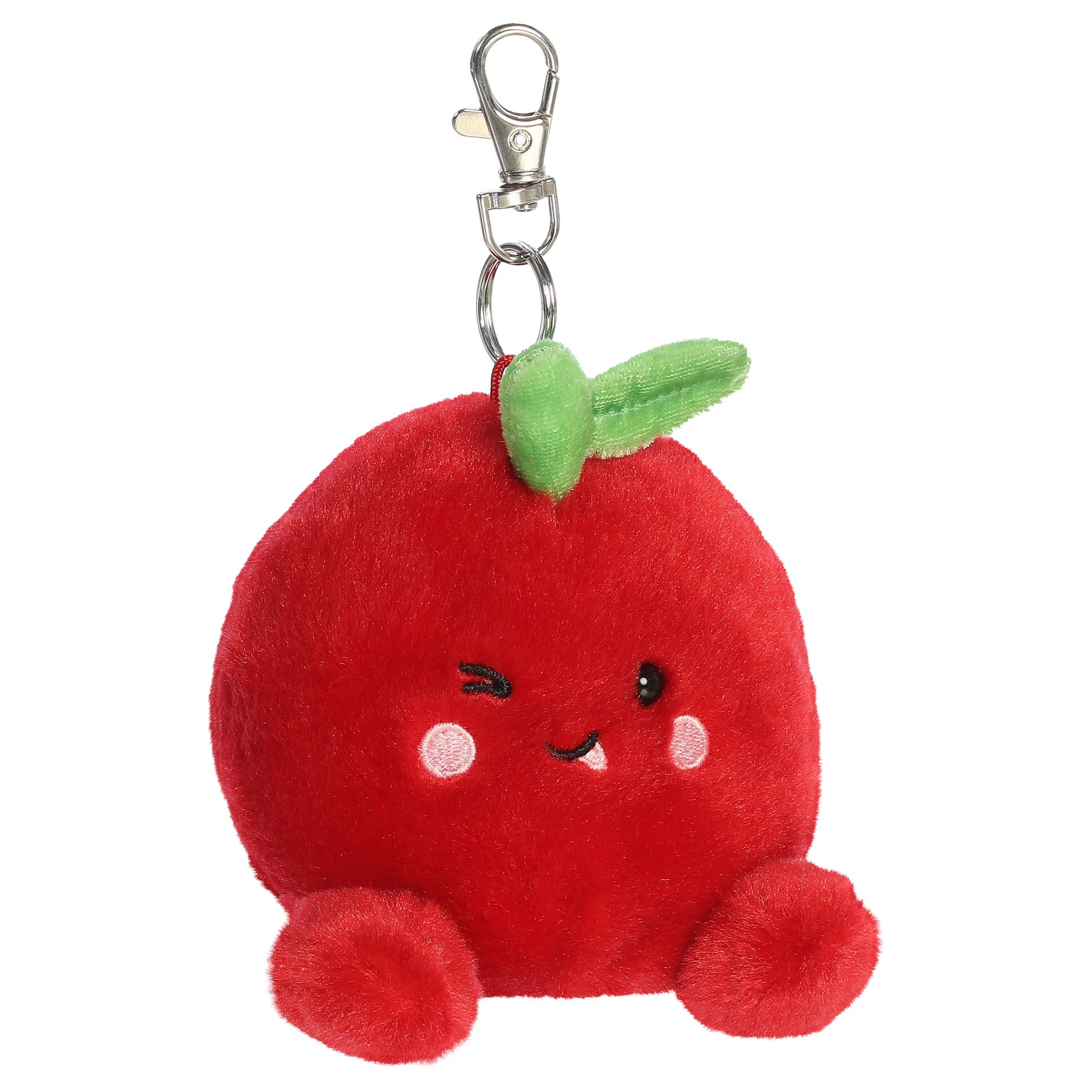 Palm Pals Cordial Cherry clip-on keychain plush toy with a green leaf stem and metal clip.