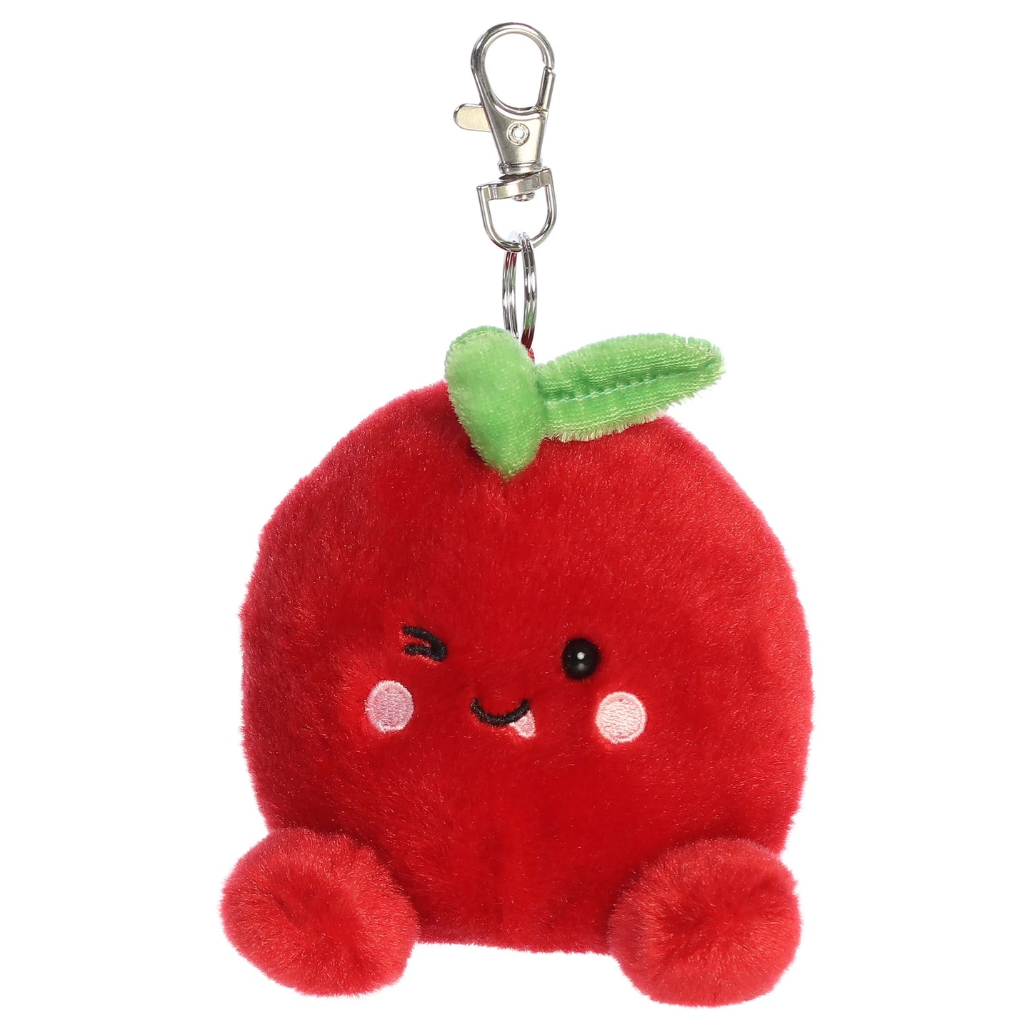 Palm Pals Cordial Cherry clip-on keychain plush toy with a green leaf stem and metal clip.
