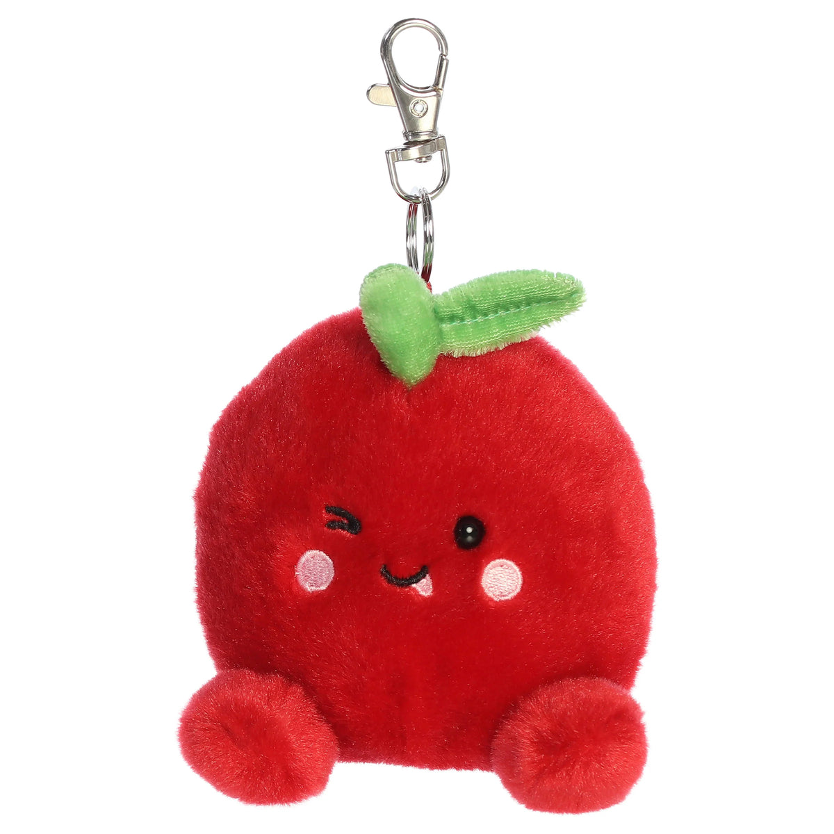 Palm Pals Cordial Cherry clip-on keychain plush toy with a green leaf stem and metal clip.