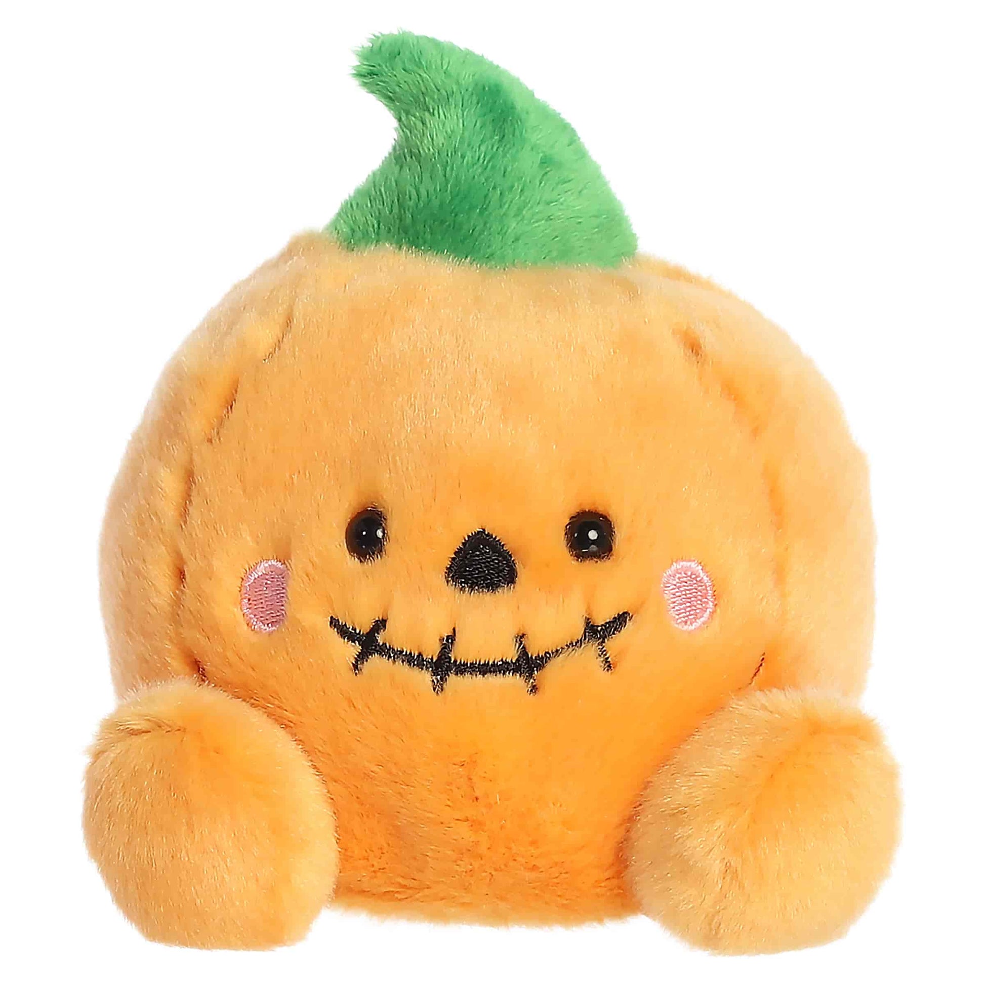 Palm Pals Craven Jack O' Lantern 4-inch plush pumpkin showing a stitched smile, embroidered pink cheeks, and a green stem.
