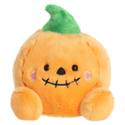 Palm Pals Craven Jack O' Lantern 4-inch plush pumpkin showing a stitched smile, embroidered pink cheeks, and a green stem.