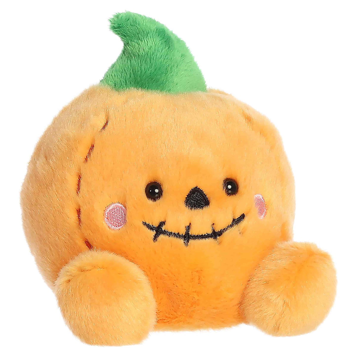 Palm Pals Craven Jack O' Lantern 4-inch plush pumpkin showing a stitched smile, embroidered pink cheeks, and a green stem.