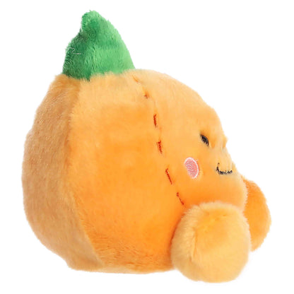 Palm Pals Craven Jack O' Lantern 4-inch plush pumpkin showing a stitched smile, embroidered pink cheeks, and a green stem.