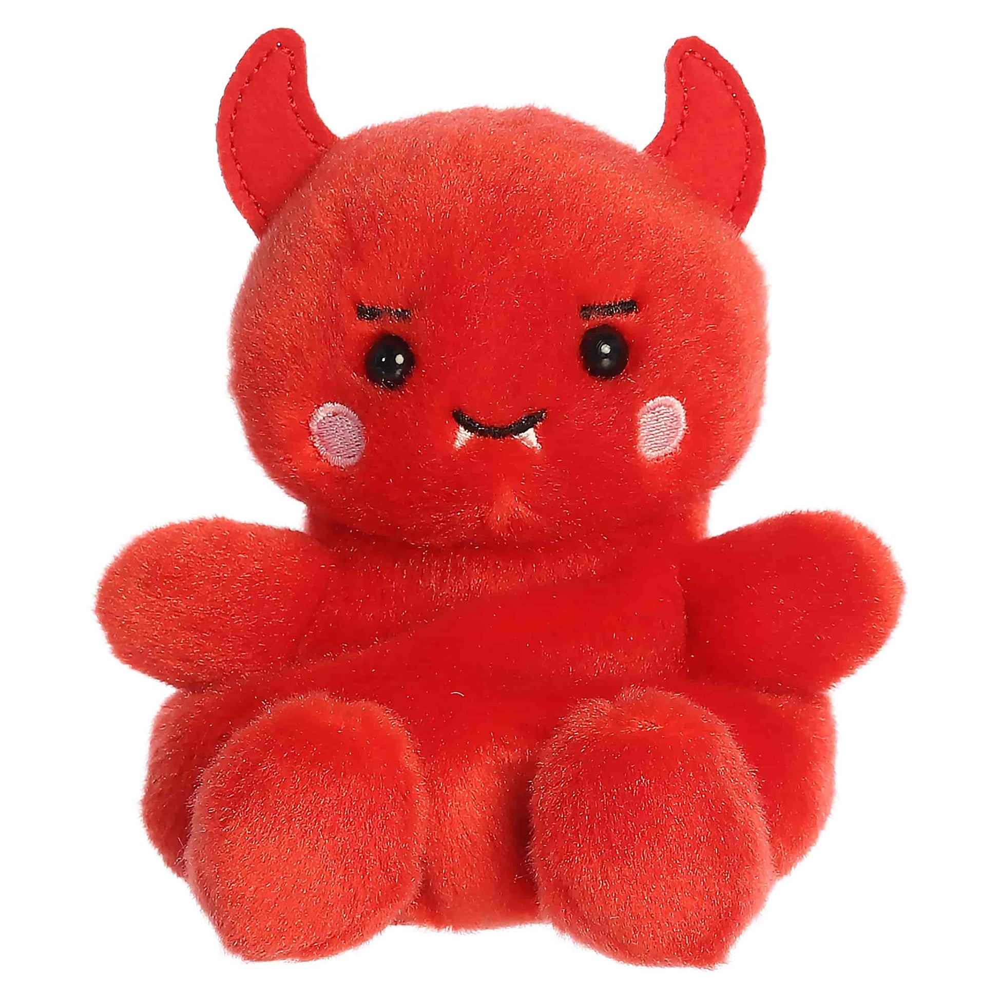 Palm Pals Damien Devil 4.5-inch bright red plush with small red horns, embroidered mouth with fangs, and pink cheeks.