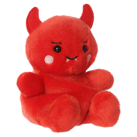 Palm Pals Damien Devil 4.5-inch bright red plush with small red horns, embroidered mouth with fangs, and pink cheeks.