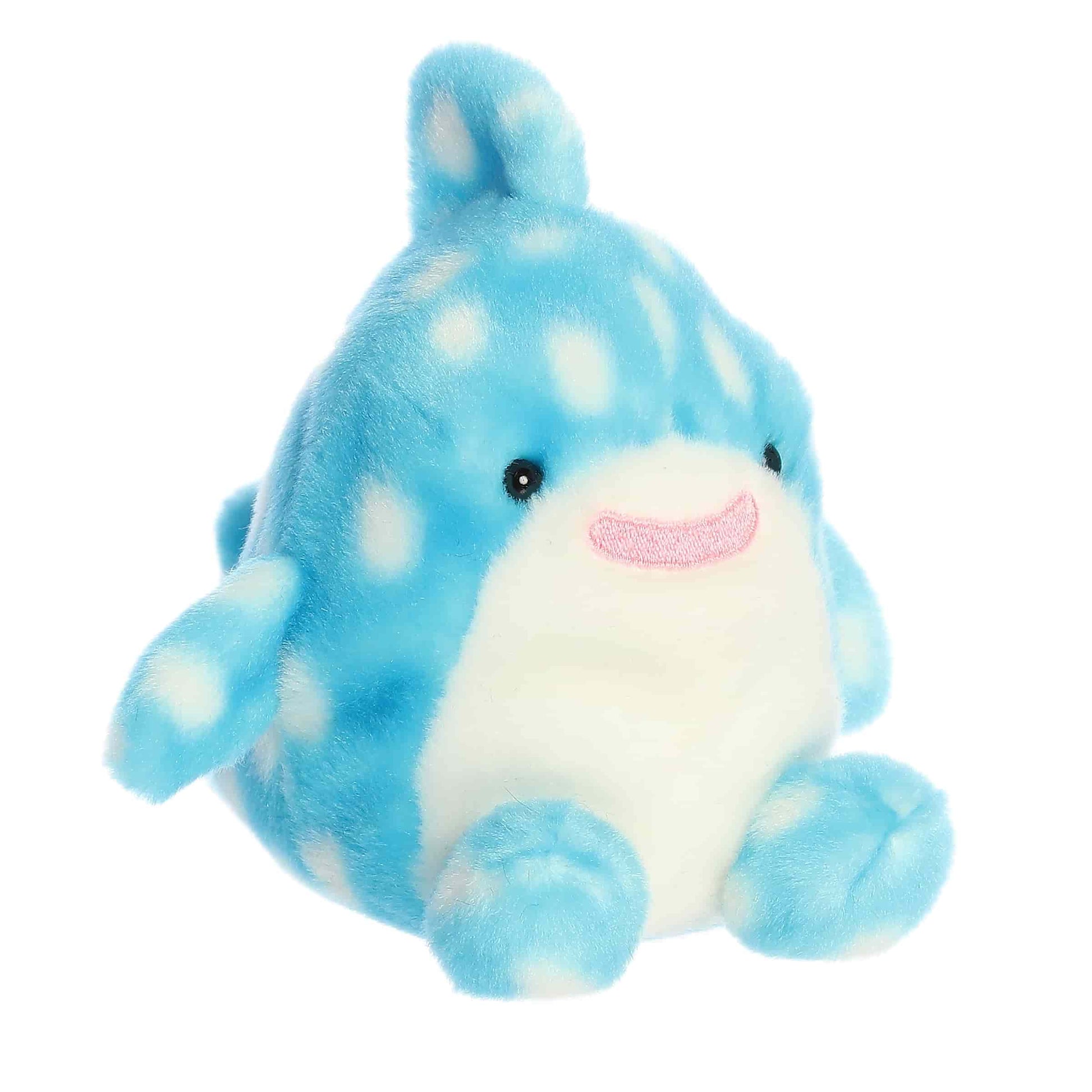 A product photo of the Palm Pals Dottie Whale Shark 5-Inch Plush, a sky-blue stuffed shark with white spots and a pink smile, sitting on a white background.