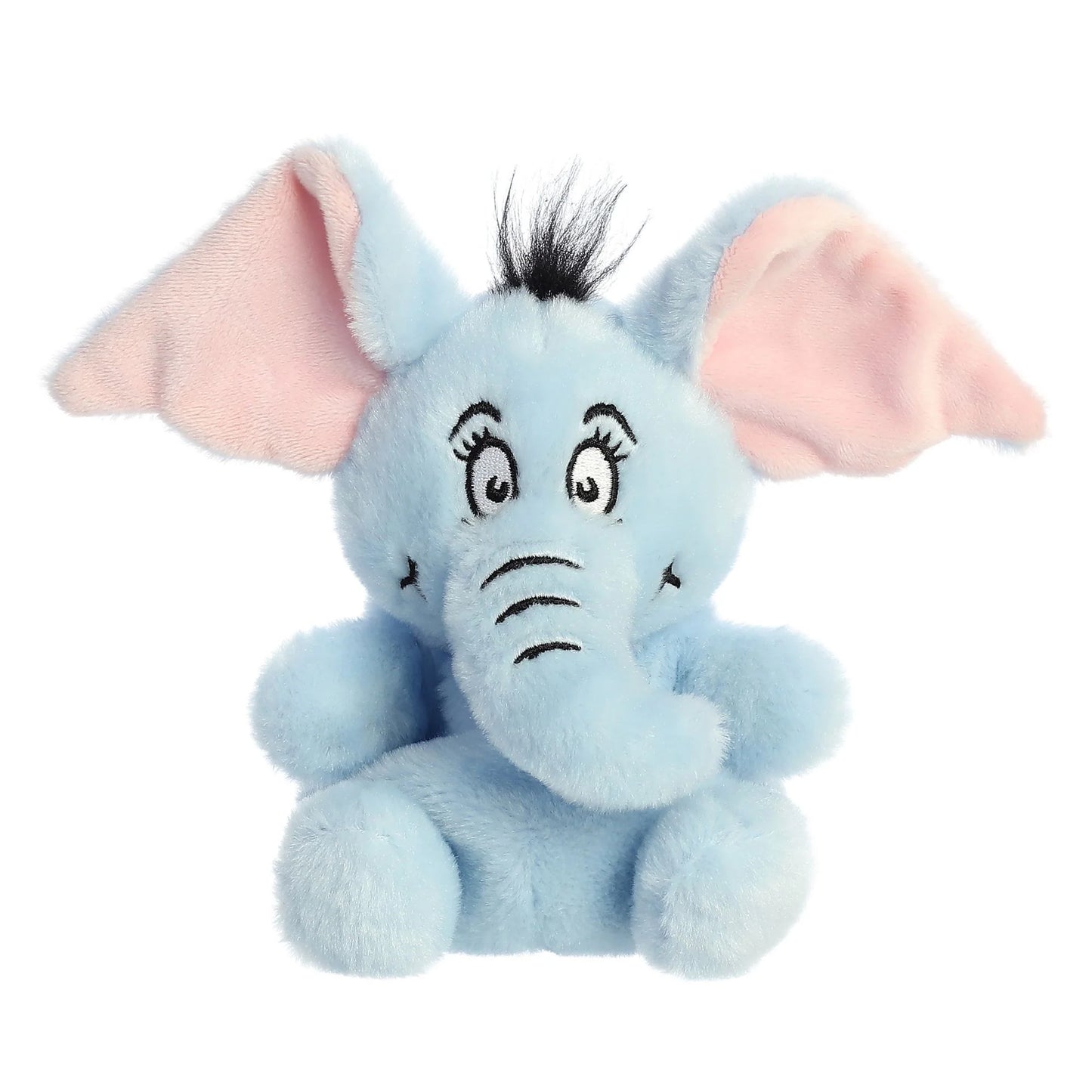 Palm Pals Dr. Seuss Horton 5-inch plush soft toy, a light blue elephant with big pink ears and a tuft of black hair.