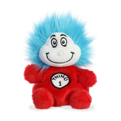 Palm Pals Dr. Seuss Thing 1 5-inch plush soft toy, a red character with wild blue hair and Thing 1 written on the chest.