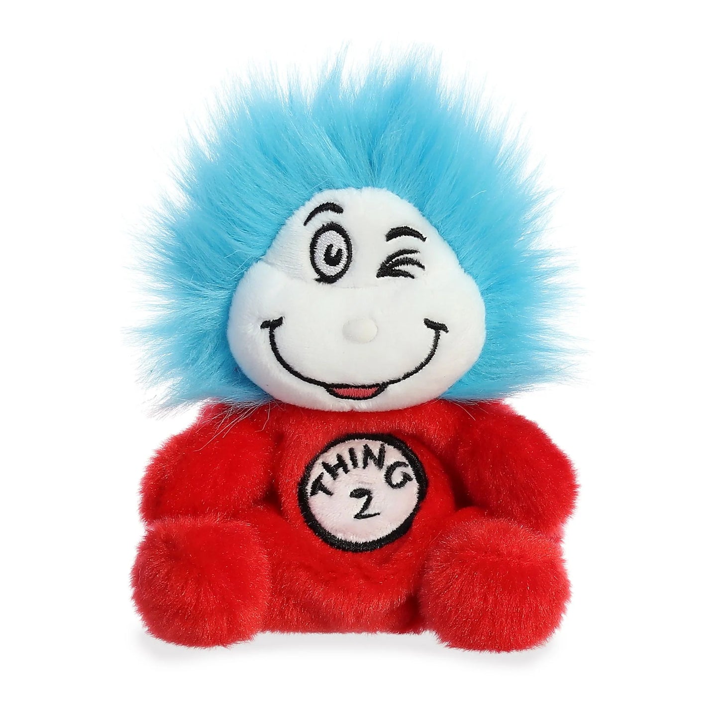 Palm Pals Dr. Seuss Thing 2 5-inch plush soft toy, a red character with wild blue hair, a winking eye, and Thing 2 written on the chest.