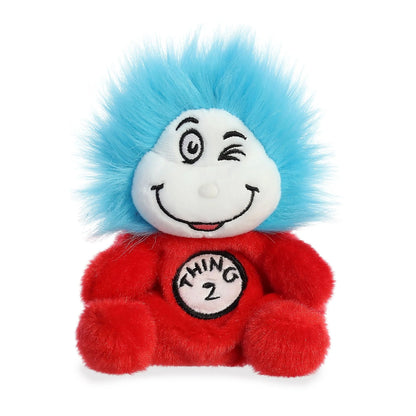 Palm Pals Dr. Seuss Thing 2 5-inch plush soft toy, a red character with wild blue hair, a winking eye, and Thing 2 written on the chest.
