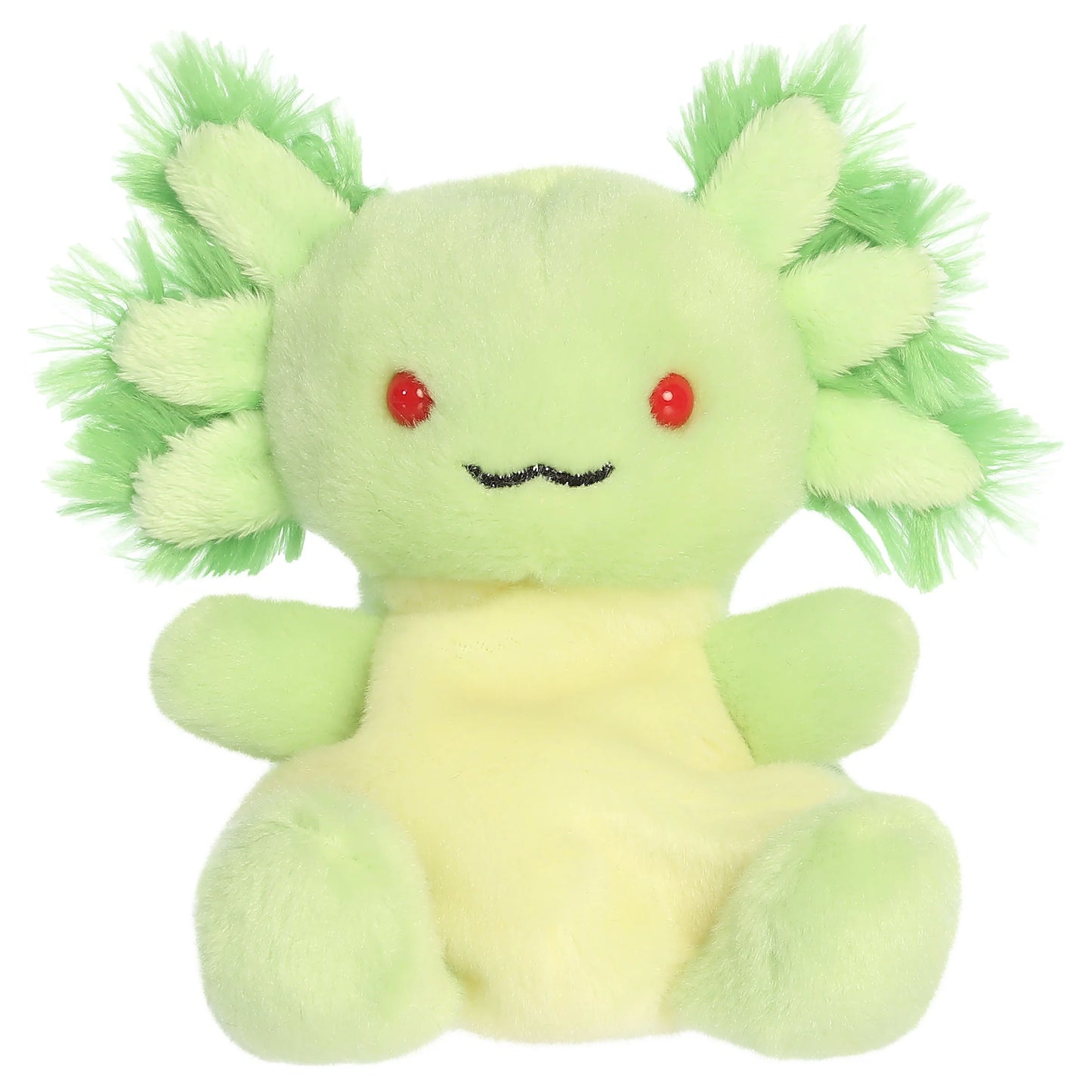 Palm Pals Ecto Radioactive Axolotl mythical plush toy with a bright lime-green body, frilly gills, and red eyes