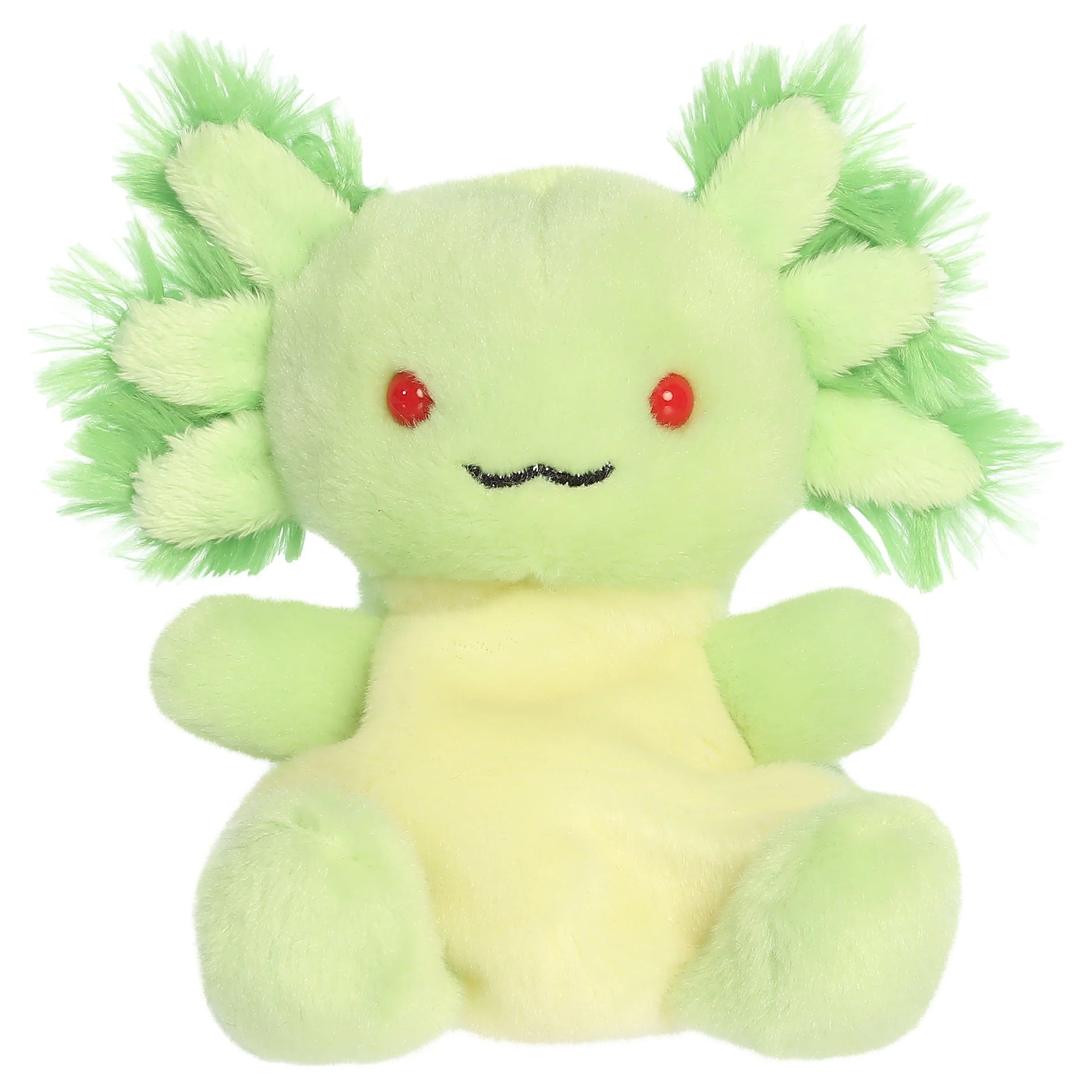 Palm Pals Ecto Radioactive Axolotl mythical plush toy with a bright lime-green body, frilly gills, and red eyes