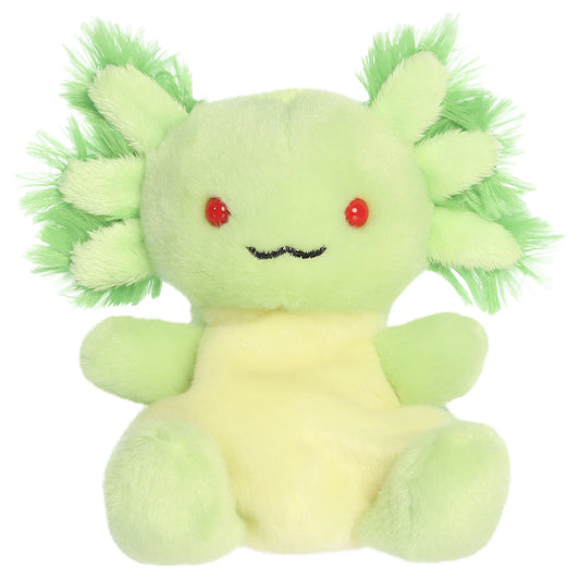Palm Pals Ecto Radioactive Axolotl mythical plush toy with a bright lime-green body, frilly gills, and red eyes