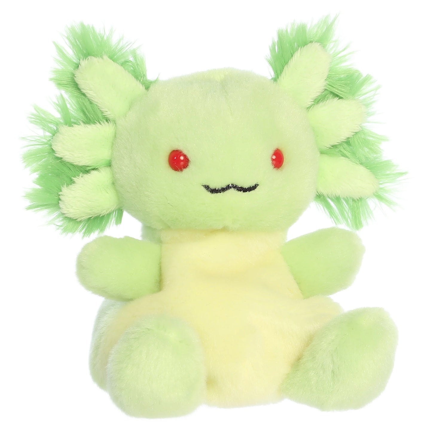 Palm Pals Ecto Radioactive Axolotl mythical plush toy with a bright lime-green body, frilly gills, and red eyes