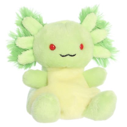 Palm Pals Ecto Radioactive Axolotl mythical plush toy with a bright lime-green body, frilly gills, and red eyes