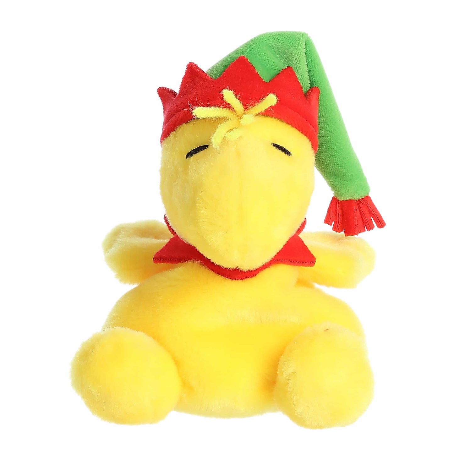 Palm Pals Elf Woodstock plush featuring bright yellow fur, a green elf hat with red trim, and a red collar.