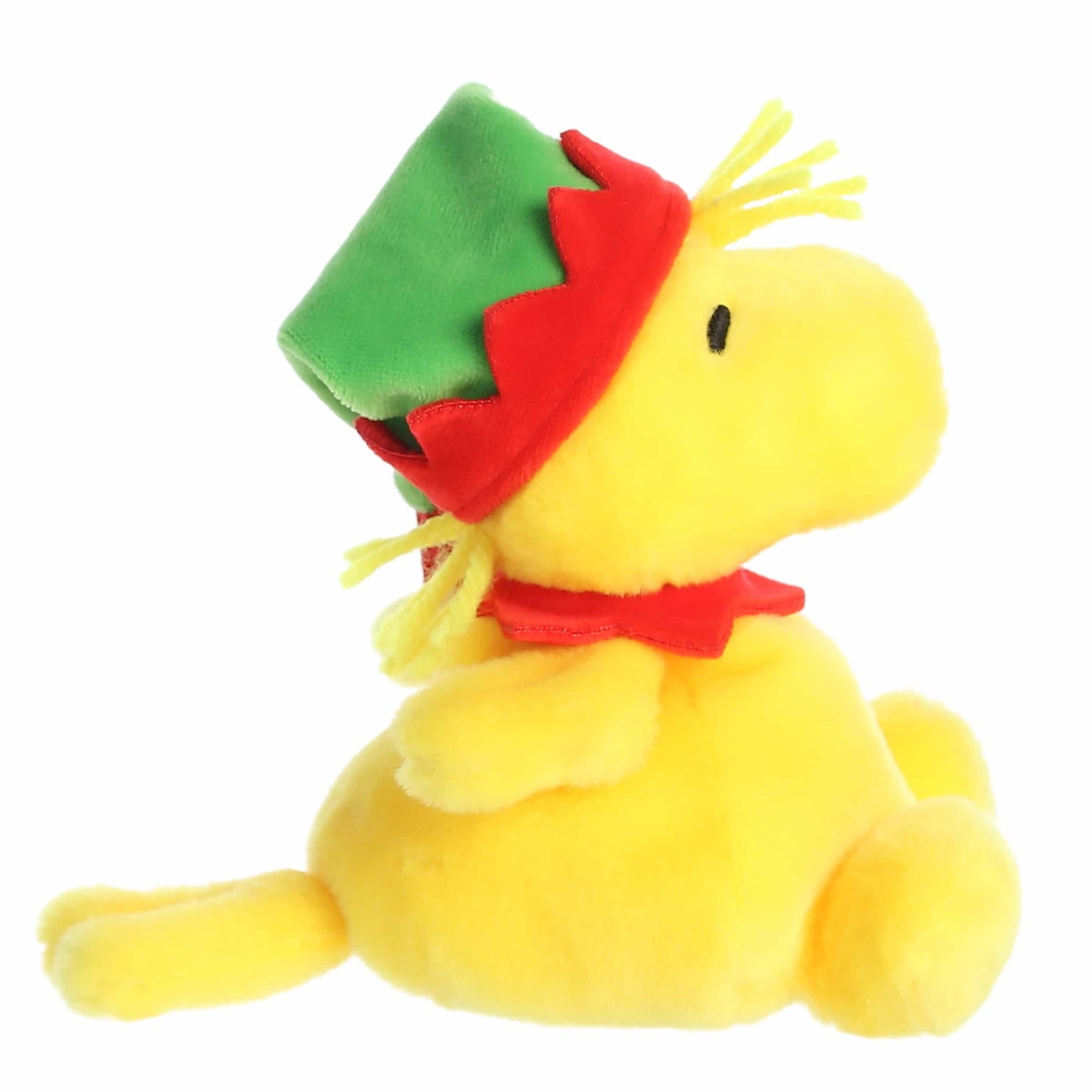 Palm Pals Elf Woodstock plush featuring bright yellow fur, a green elf hat with red trim, and a red collar.