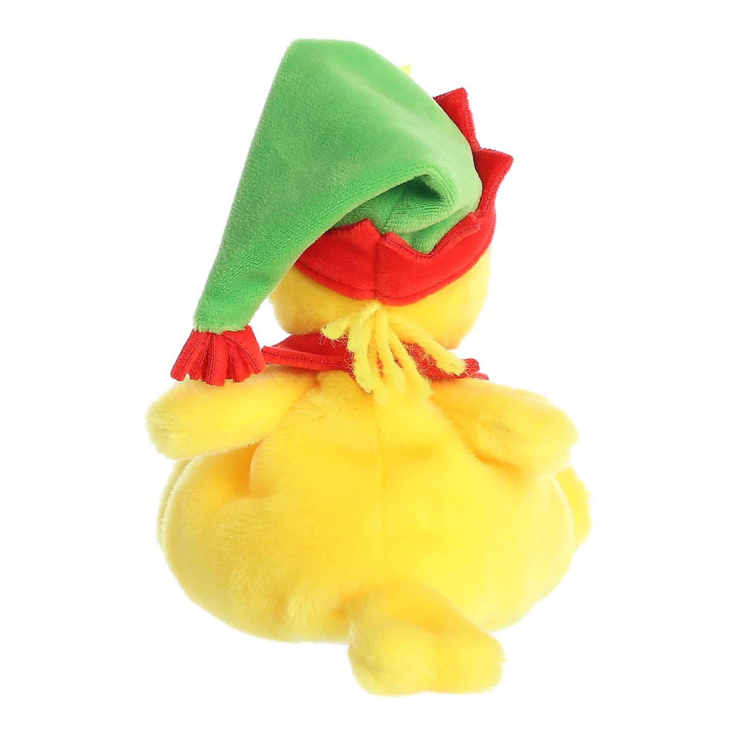 Palm Pals Elf Woodstock plush featuring bright yellow fur, a green elf hat with red trim, and a red collar.