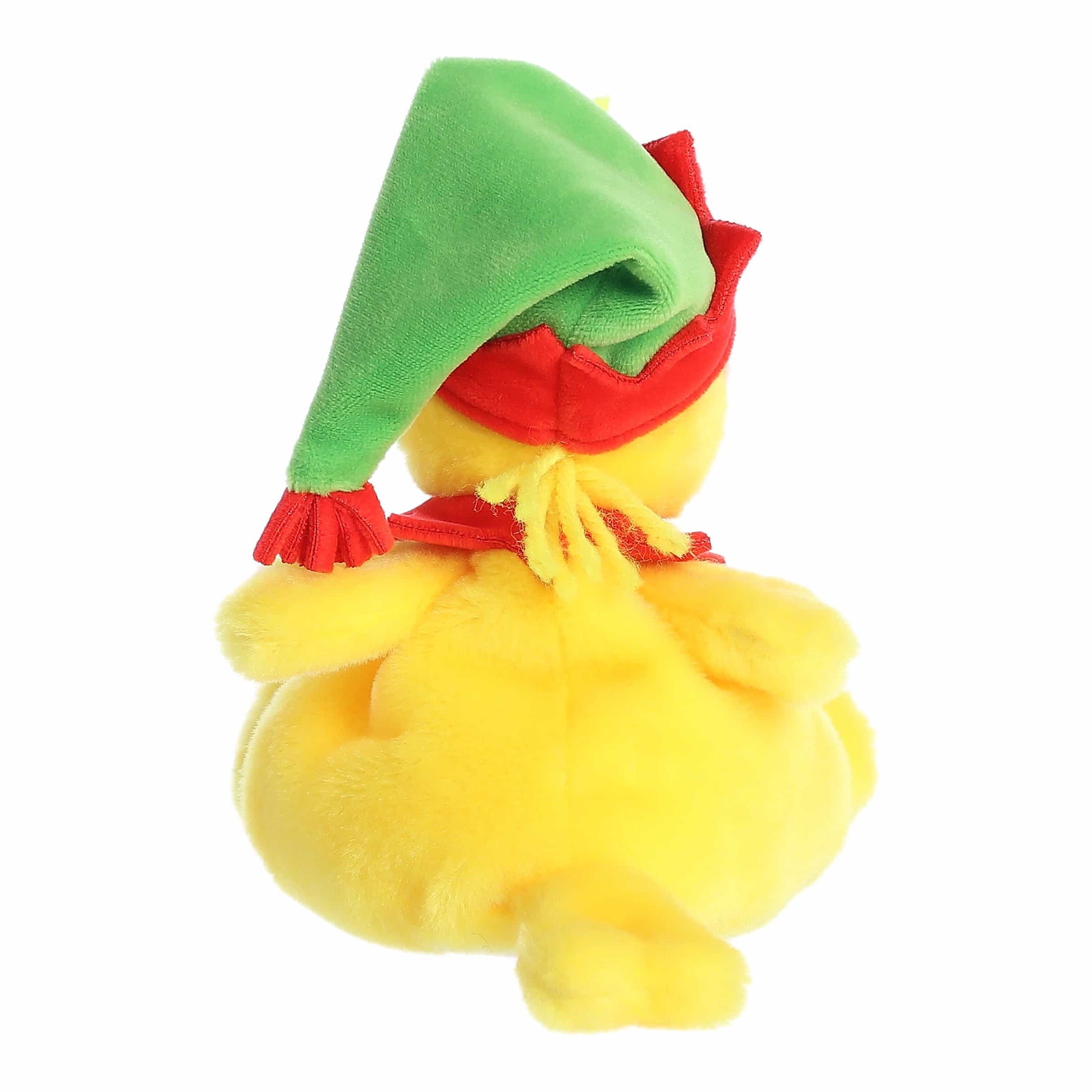 Palm Pals Elf Woodstock plush featuring bright yellow fur, a green elf hat with red trim, and a red collar.
