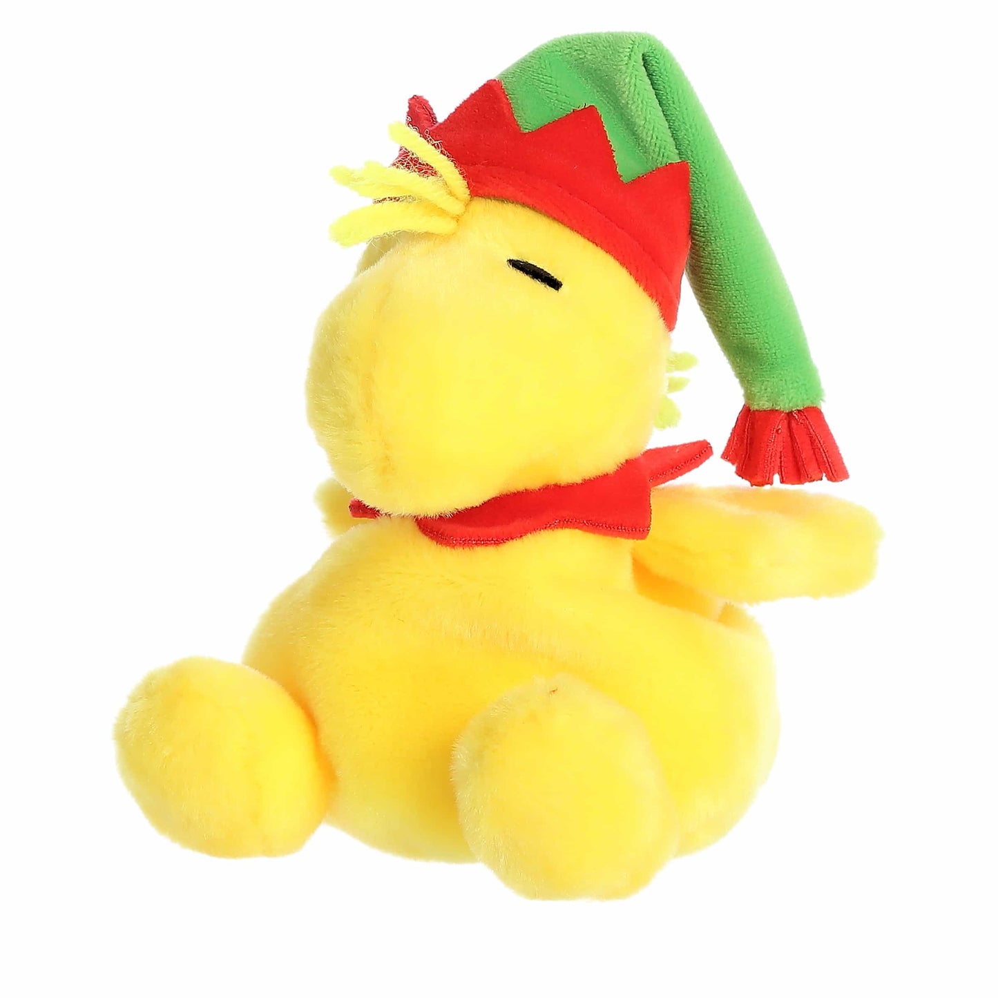 Palm Pals Elf Woodstock plush featuring bright yellow fur, a green elf hat with red trim, and a red collar.