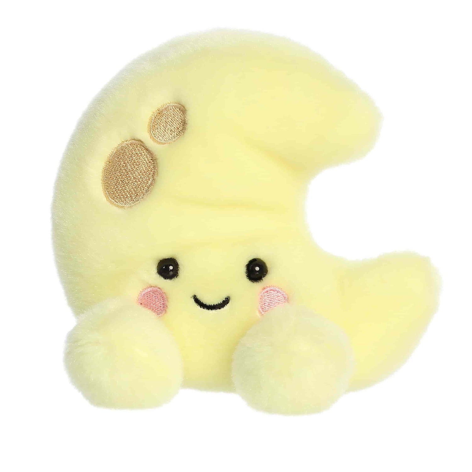 Palm Pals Evelyn Crescent Moon 5-inch plush soft toy, a yellow crescent moon with gold embroidered craters and a happy face.