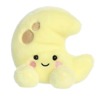 Palm Pals Evelyn Crescent Moon 5-inch plush soft toy, a yellow crescent moon with gold embroidered craters and a happy face.