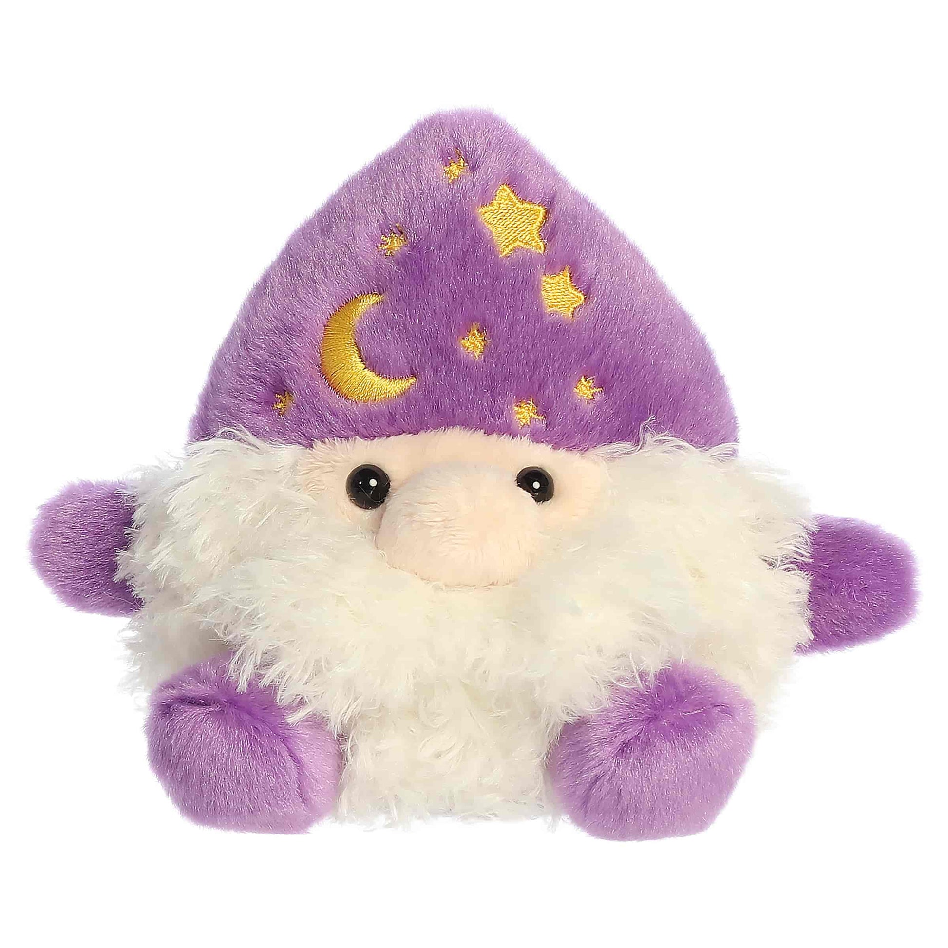 Palm Pals Ezerick Wizard 5-inch plush with a purple star-and-moon hat, fluffy white beard, and purple hands and feet.