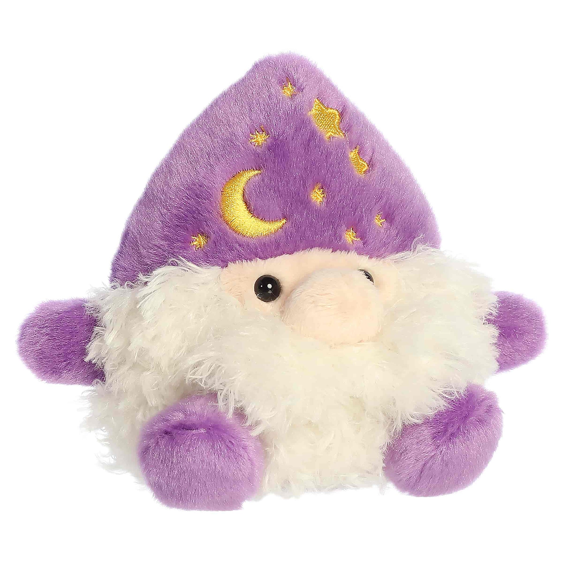 Palm Pals Ezerick Wizard 5-inch plush with a purple star-and-moon hat, fluffy white beard, and purple hands and feet.