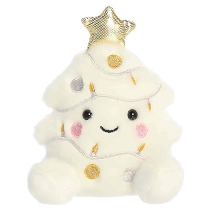 Palm Pals Felicia Christmas Tree 5-inch white plush featuring a gold star topper, embroidered metallic gold and silver ornaments, and string lights.