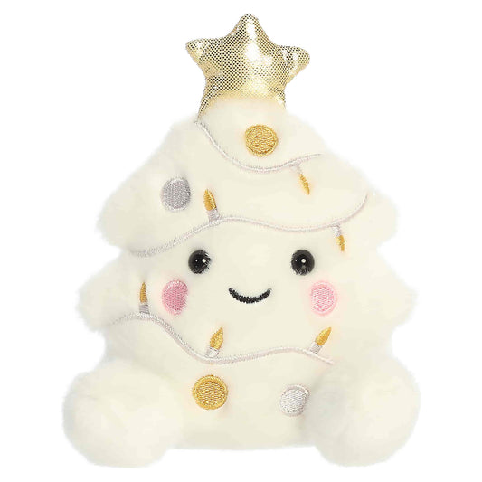 Palm Pals Felicia Christmas Tree 5-inch white plush featuring a gold star topper, embroidered metallic gold and silver ornaments, and string lights.