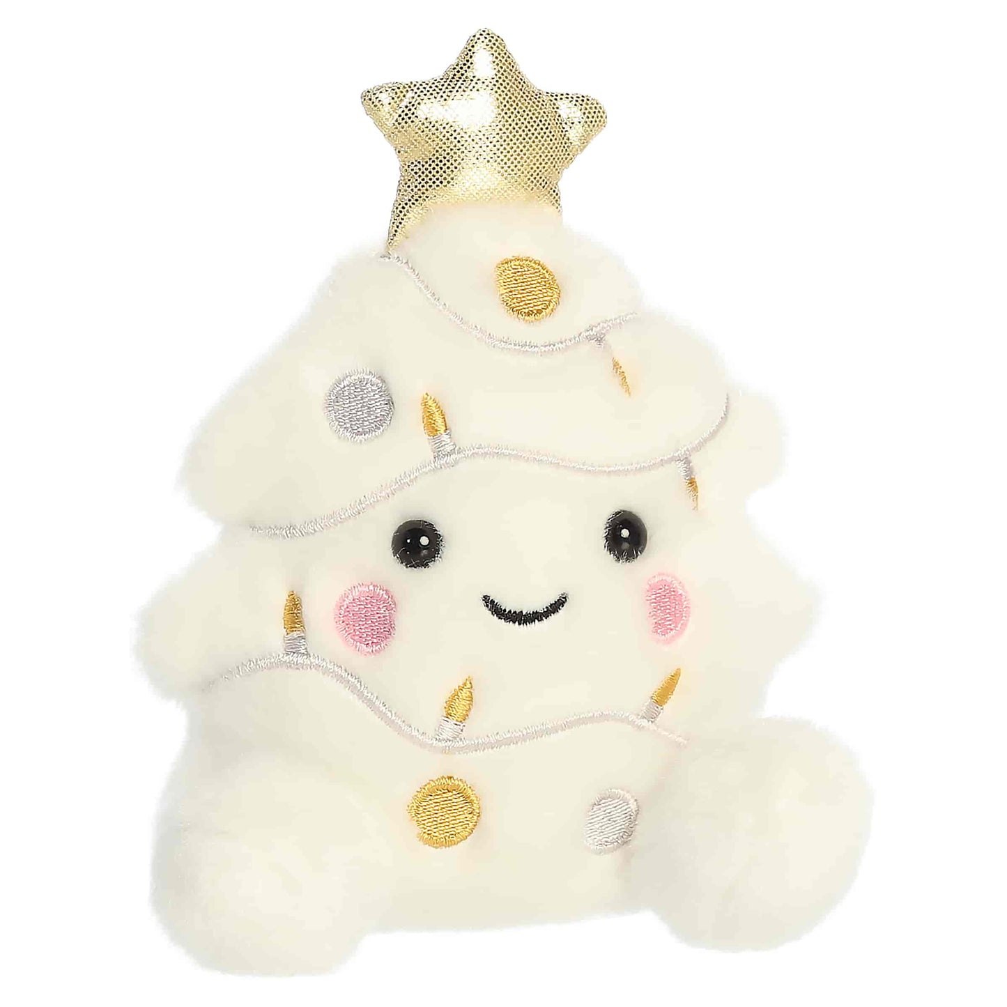Palm Pals Felicia Christmas Tree 5-inch white plush featuring a gold star topper, embroidered metallic gold and silver ornaments, and string lights.