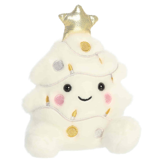 Palm Pals Felicia Christmas Tree 5-inch white plush featuring a gold star topper, embroidered metallic gold and silver ornaments, and string lights.
