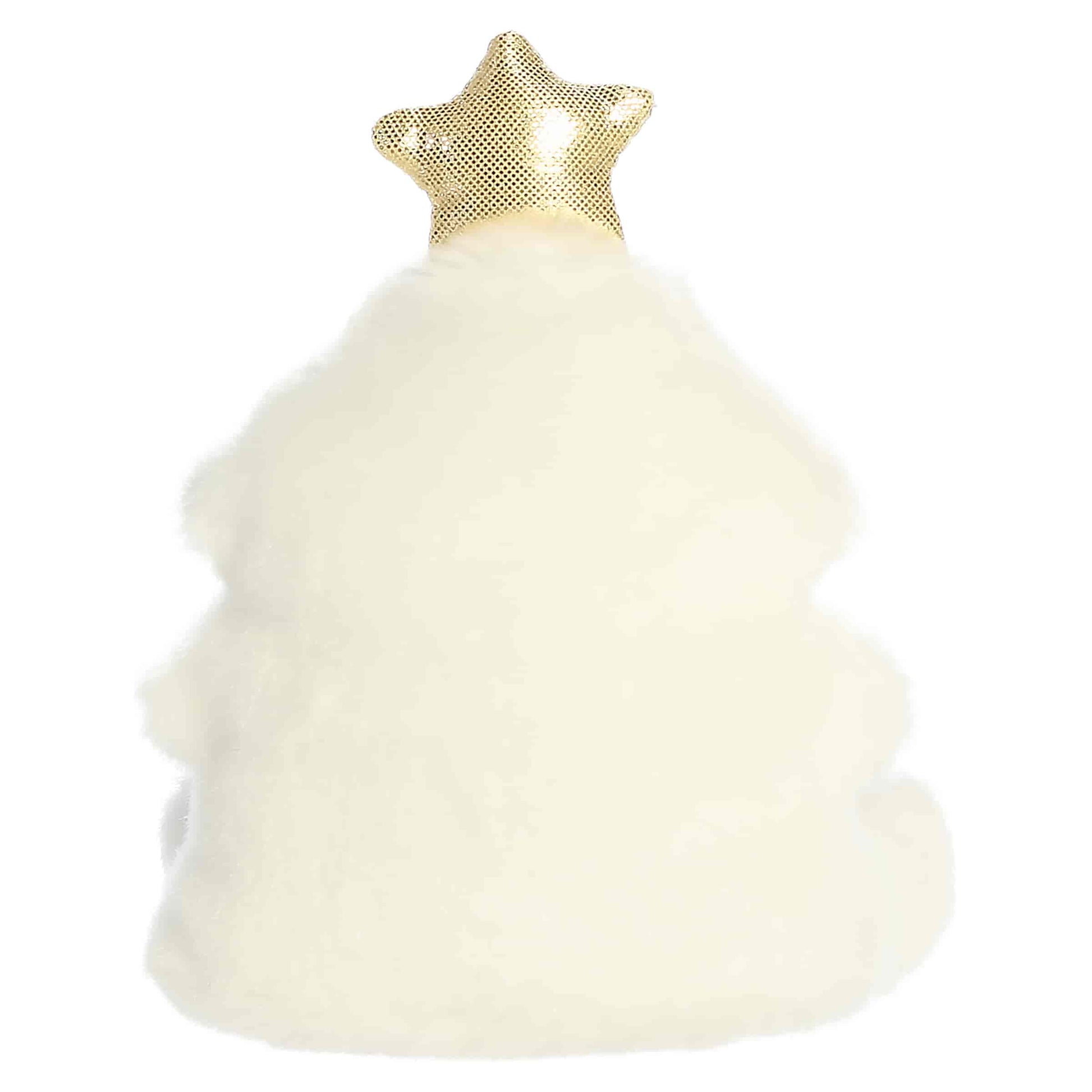 Palm Pals Felicia Christmas Tree 5-inch white plush featuring a gold star topper, embroidered metallic gold and silver ornaments, and string lights.
