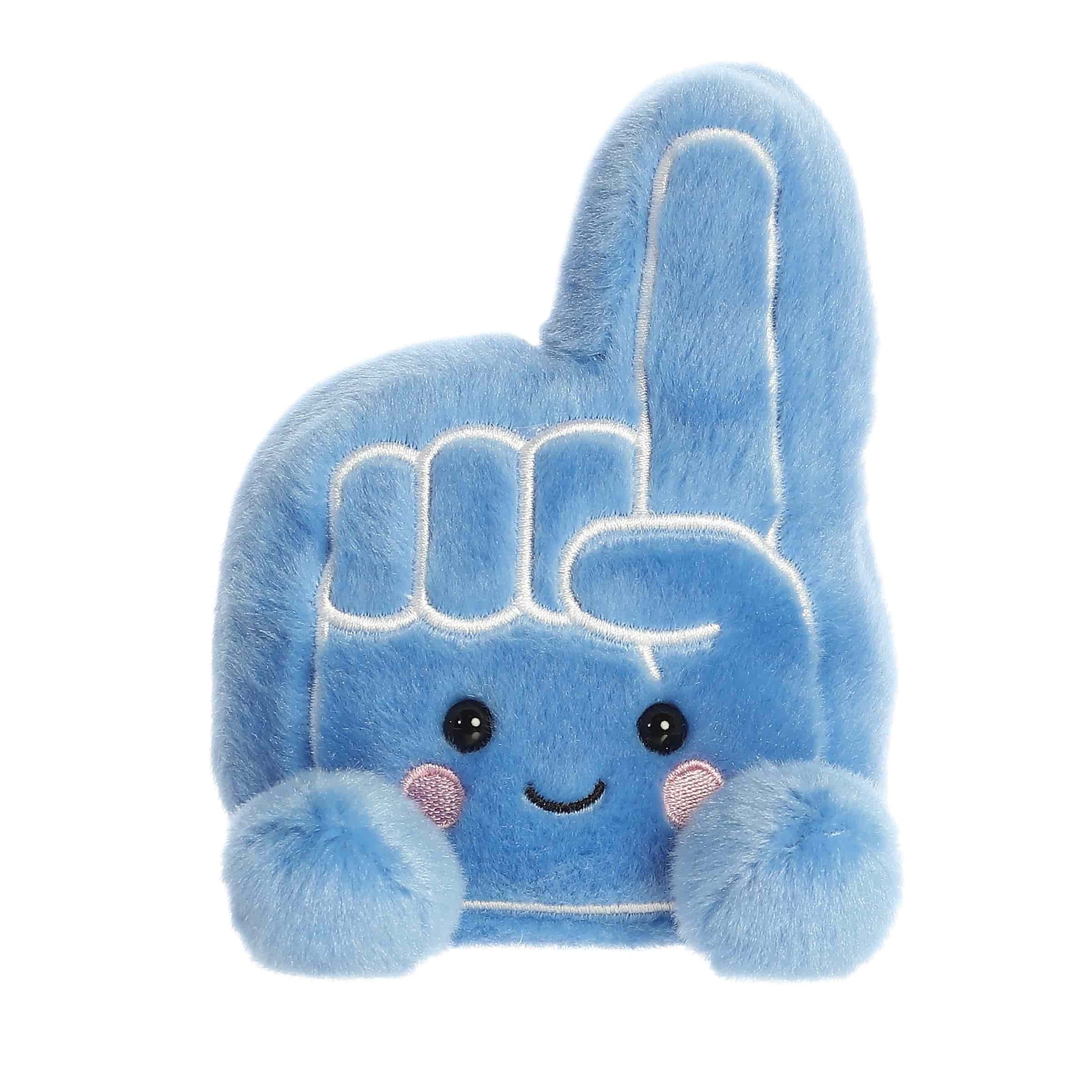 A product photo of the Palm Pals Ferris Foam Finger 5-Inch Plush, a blue stuffed foam hand with the index finger raised #1, sitting on a white background.