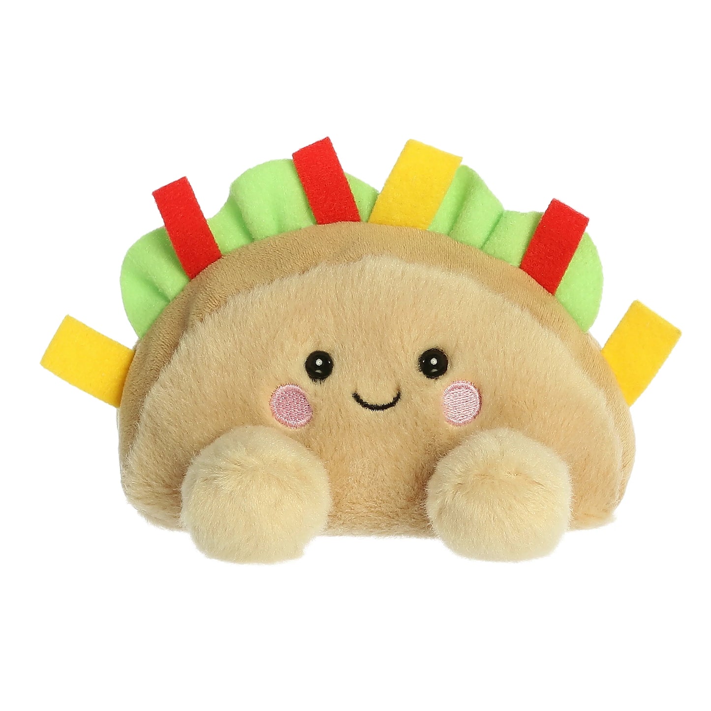 Palm Pals Fiesta Taco 5-inch plush soft toy, a beige taco with lettuce, tomato, and cheese details.