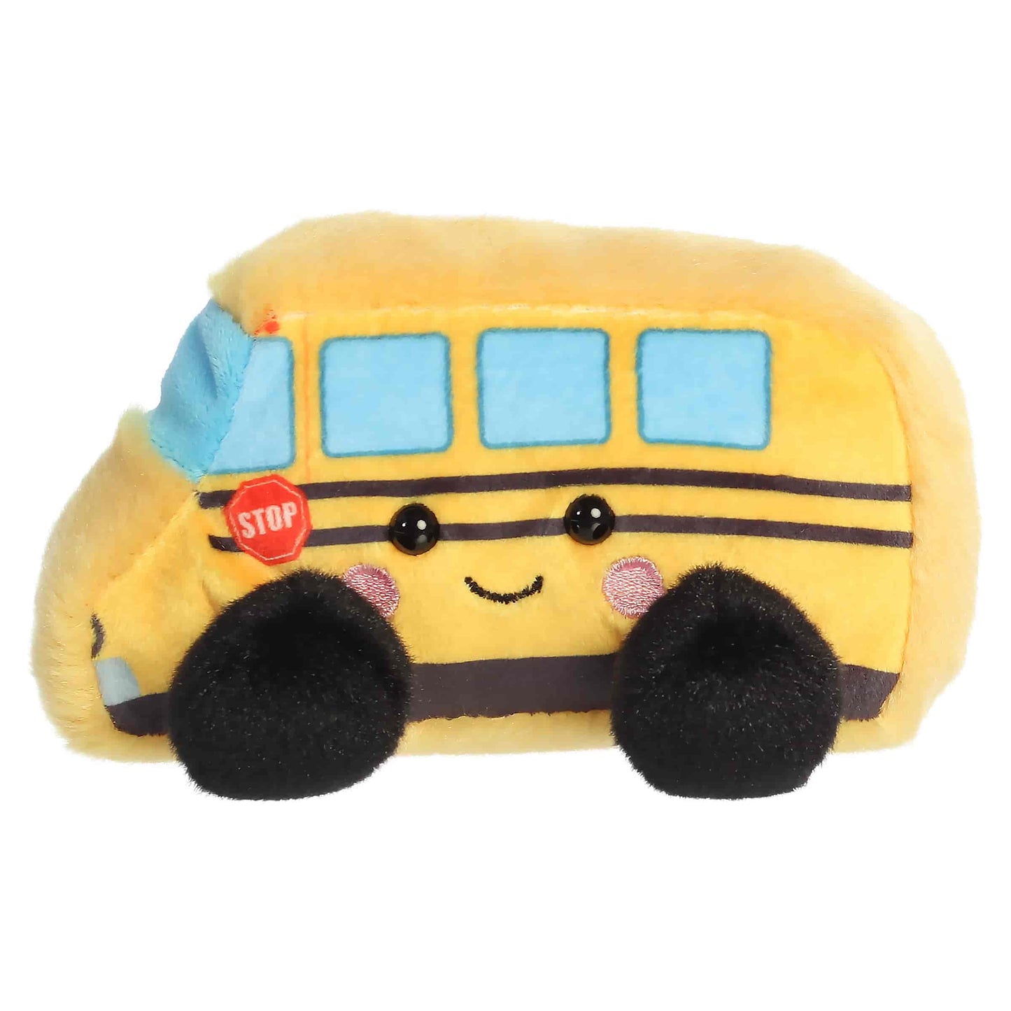 Palm Pals Friendly School Bus plush featuring a bright yellow body, little blue windows, soft black wheels, and a sweet blushing face.