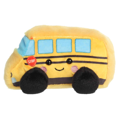 Palm Pals Friendly School Bus plush featuring a bright yellow body, little blue windows, soft black wheels, and a sweet blushing face.