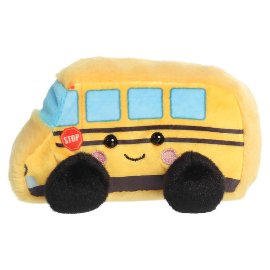 Palm Pals Friendly School Bus plush featuring a bright yellow body, little blue windows, soft black wheels, and a sweet blushing face.