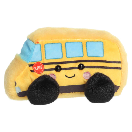 Palm Pals Friendly School Bus plush featuring a bright yellow body, little blue windows, soft black wheels, and a sweet blushing face.