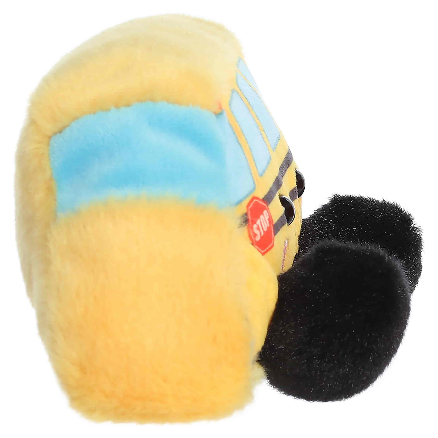 Palm Pals Friendly School Bus plush featuring a bright yellow body, little blue windows, soft black wheels, and a sweet blushing face.