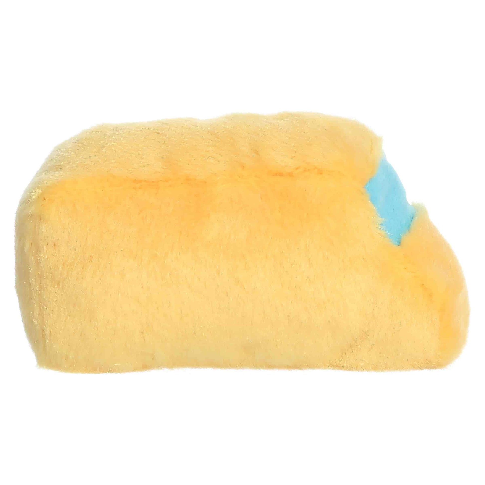 Palm Pals Friendly School Bus plush featuring a bright yellow body, little blue windows, soft black wheels, and a sweet blushing face.