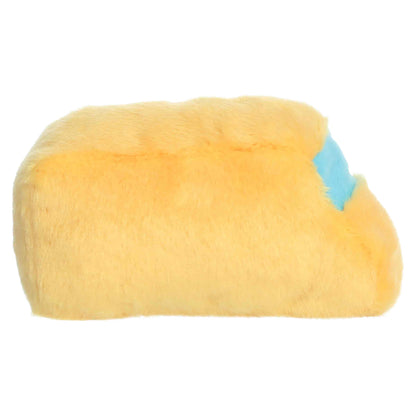 Palm Pals Friendly School Bus plush featuring a bright yellow body, little blue windows, soft black wheels, and a sweet blushing face.
