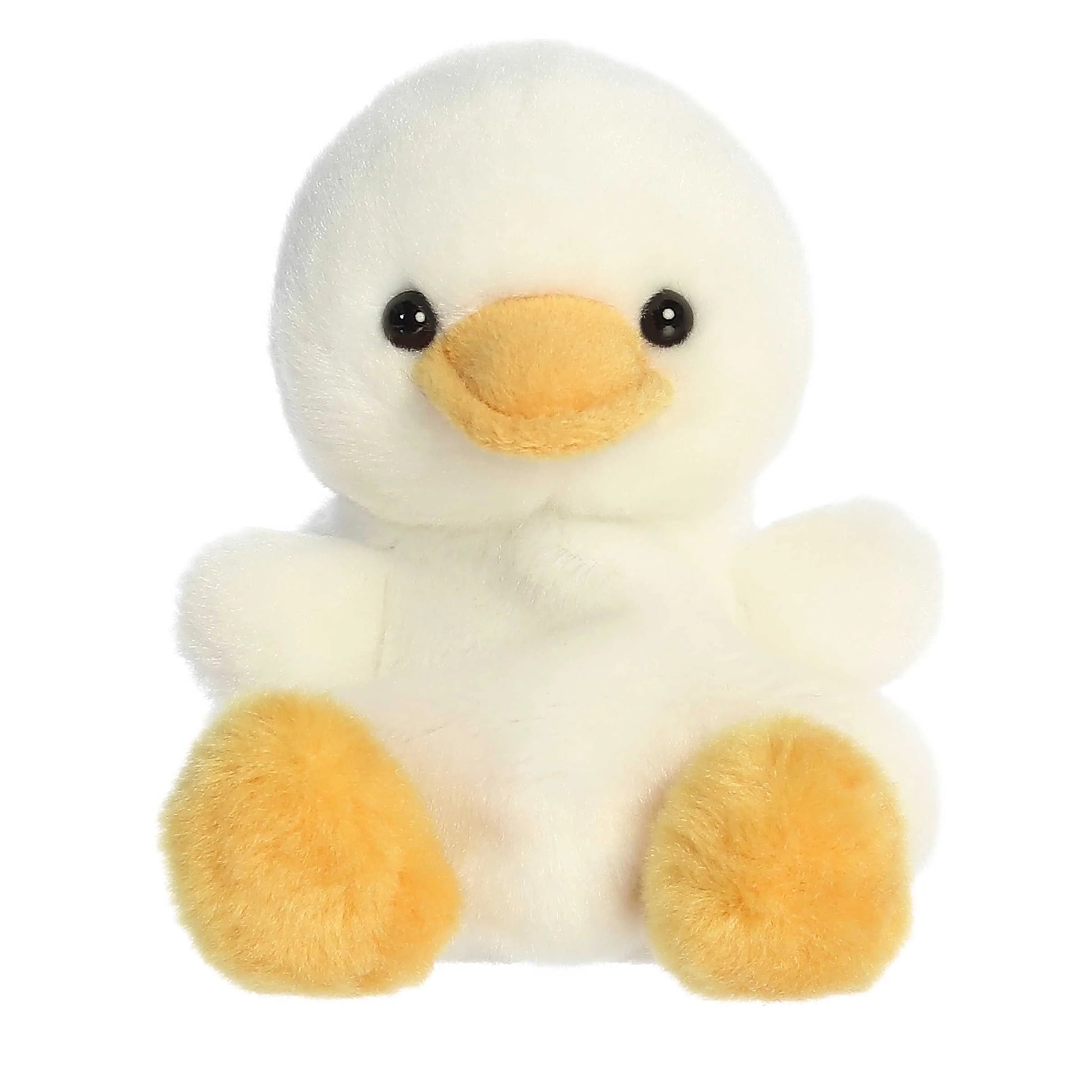 A product photo of the Palm Pals Gavin Goose plush, a small, white goose plush with an orange beak and feet, sitting on a white background.