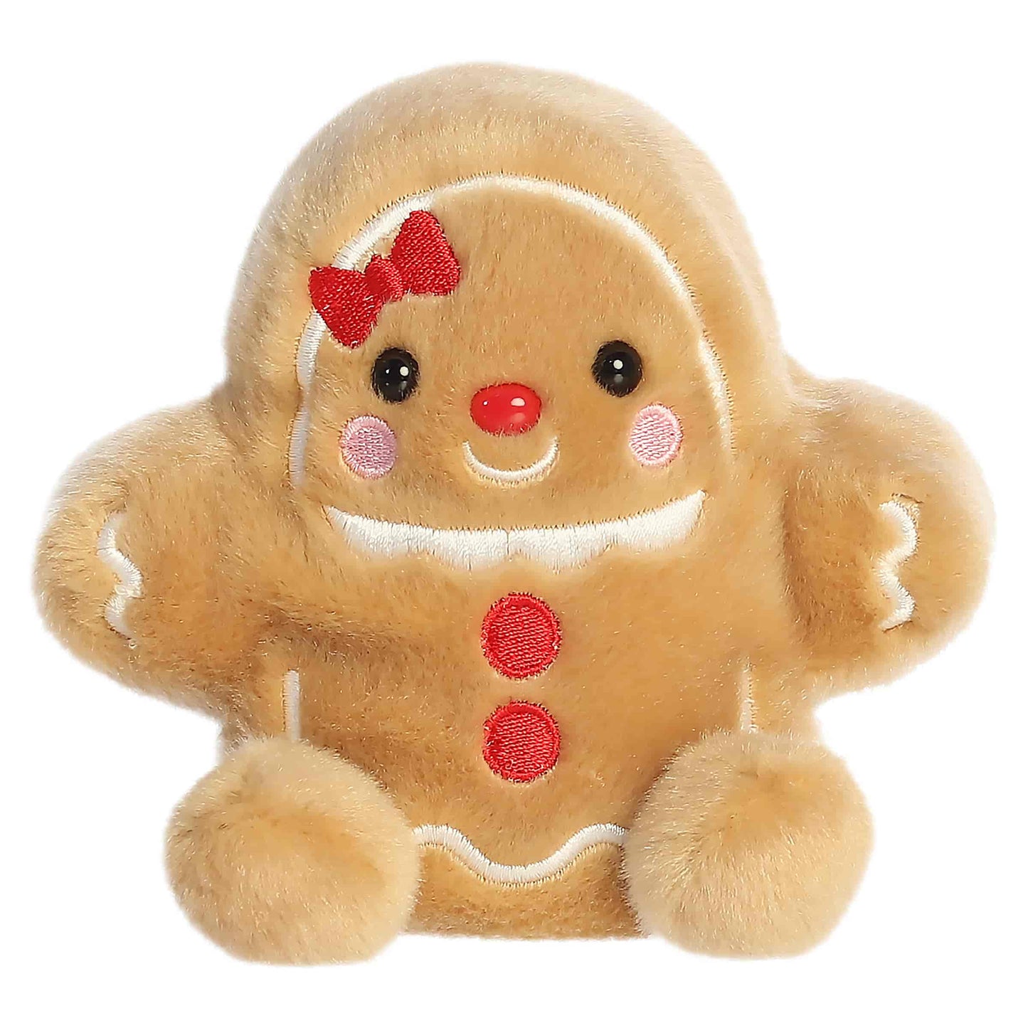 Palm Pals Gia Gingerbread Girl 5-inch tan plush with an embroidered red bow, white icing accents, red buttons, and pink cheeks.