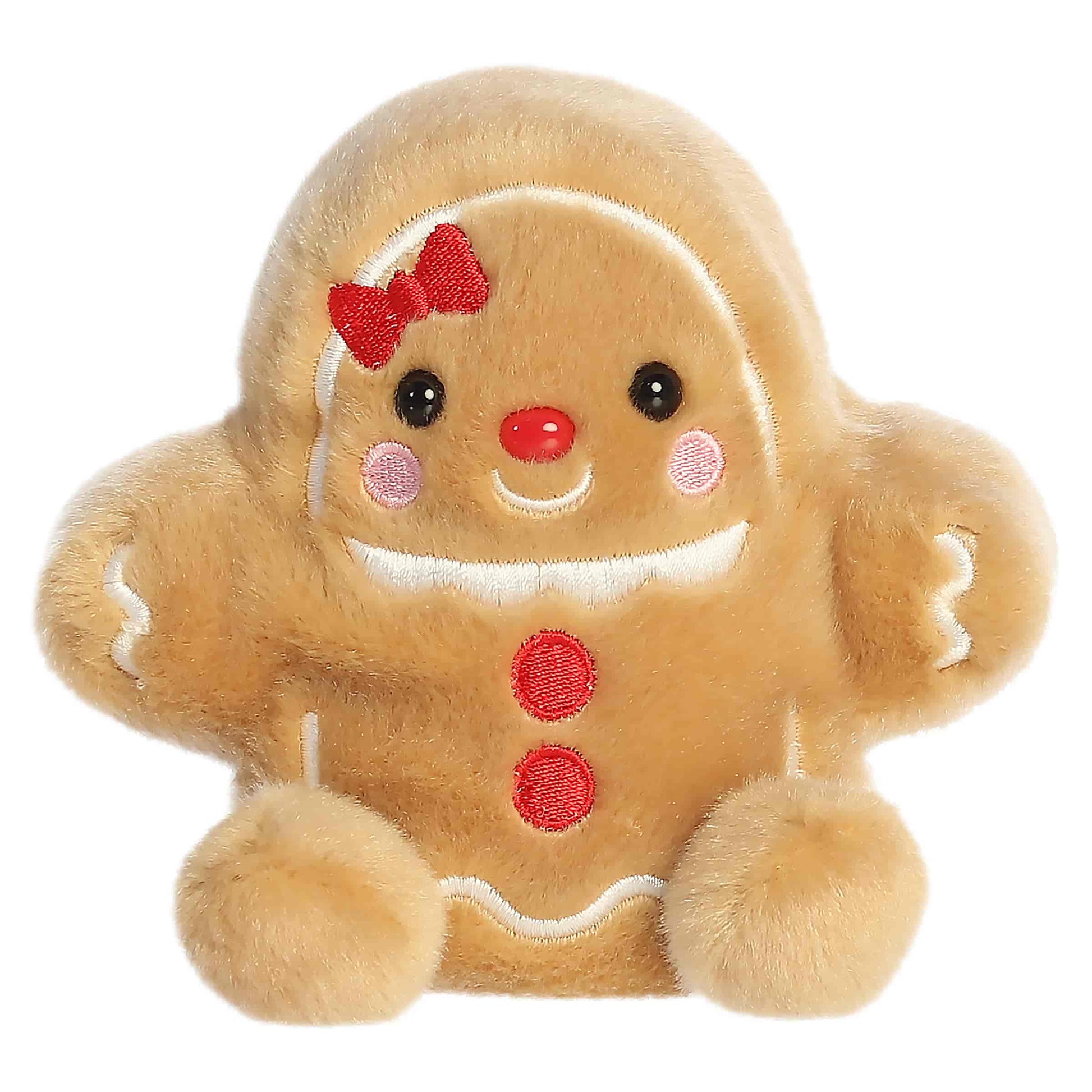 Palm Pals Gia Gingerbread Girl 5-inch tan plush with an embroidered red bow, white icing accents, red buttons, and pink cheeks.