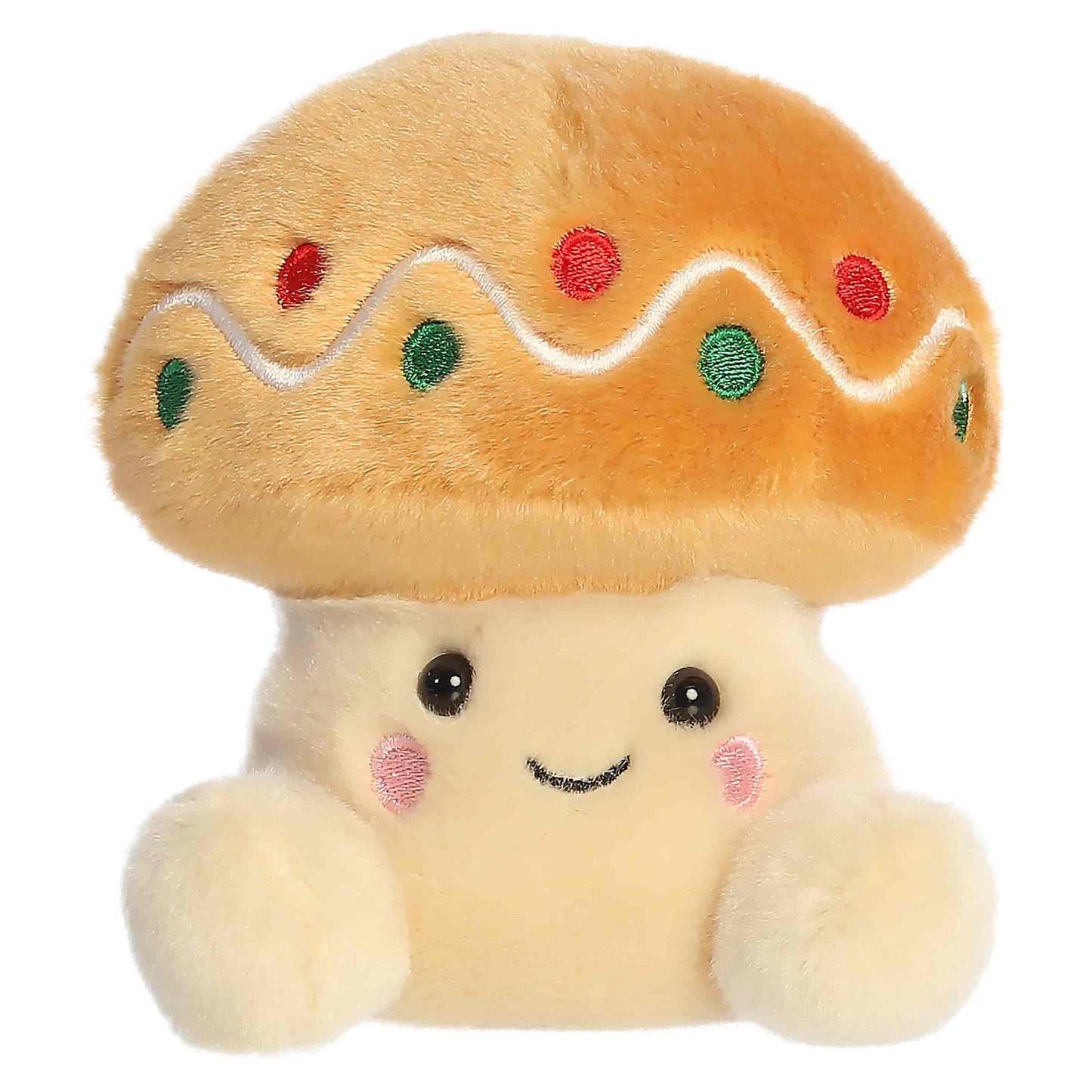Palm Pals Ginger Cookie Mushroom 4-inch plush with a tan cap decorated with embroidered white icing waves, red and green dots, and a cream stem.