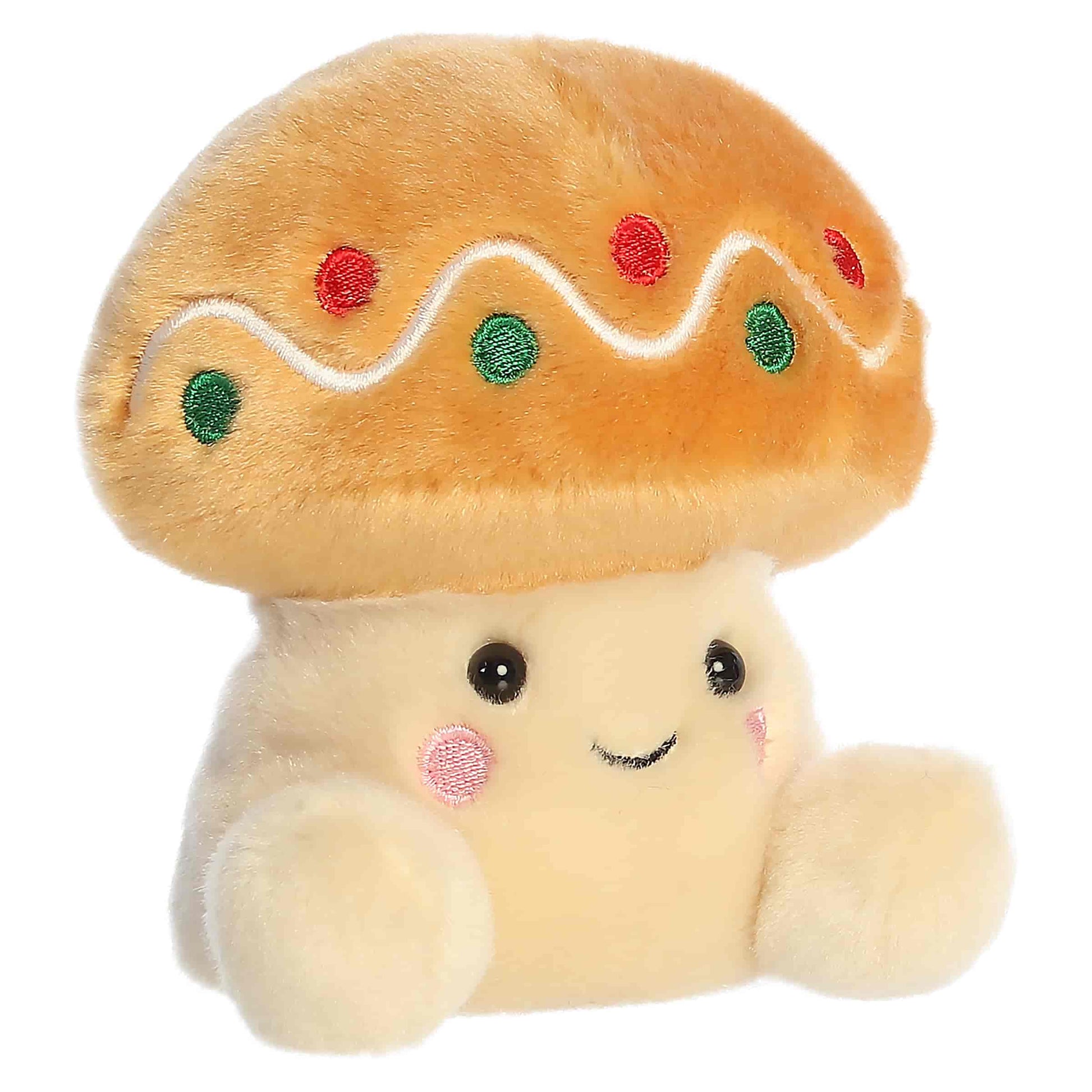 Palm Pals Ginger Cookie Mushroom 4-inch plush with a tan cap decorated with embroidered white icing waves, red and green dots, and a cream stem.